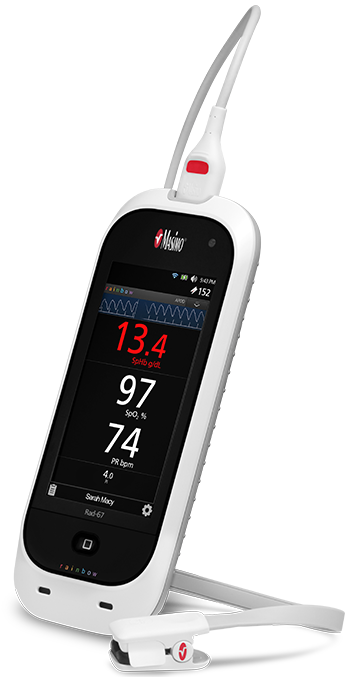 Product shot of Masimo Rad-67 attached to the Masimo rainbow DCI-mini sensor